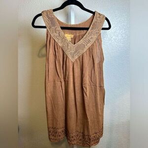 NWT Sakkas Women’s Brown V Neck Tank Tunic Crochet Trim Embroidery- OS